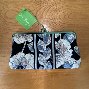 Vera Bradley Black Floral Quilted Clutch with Green Trim